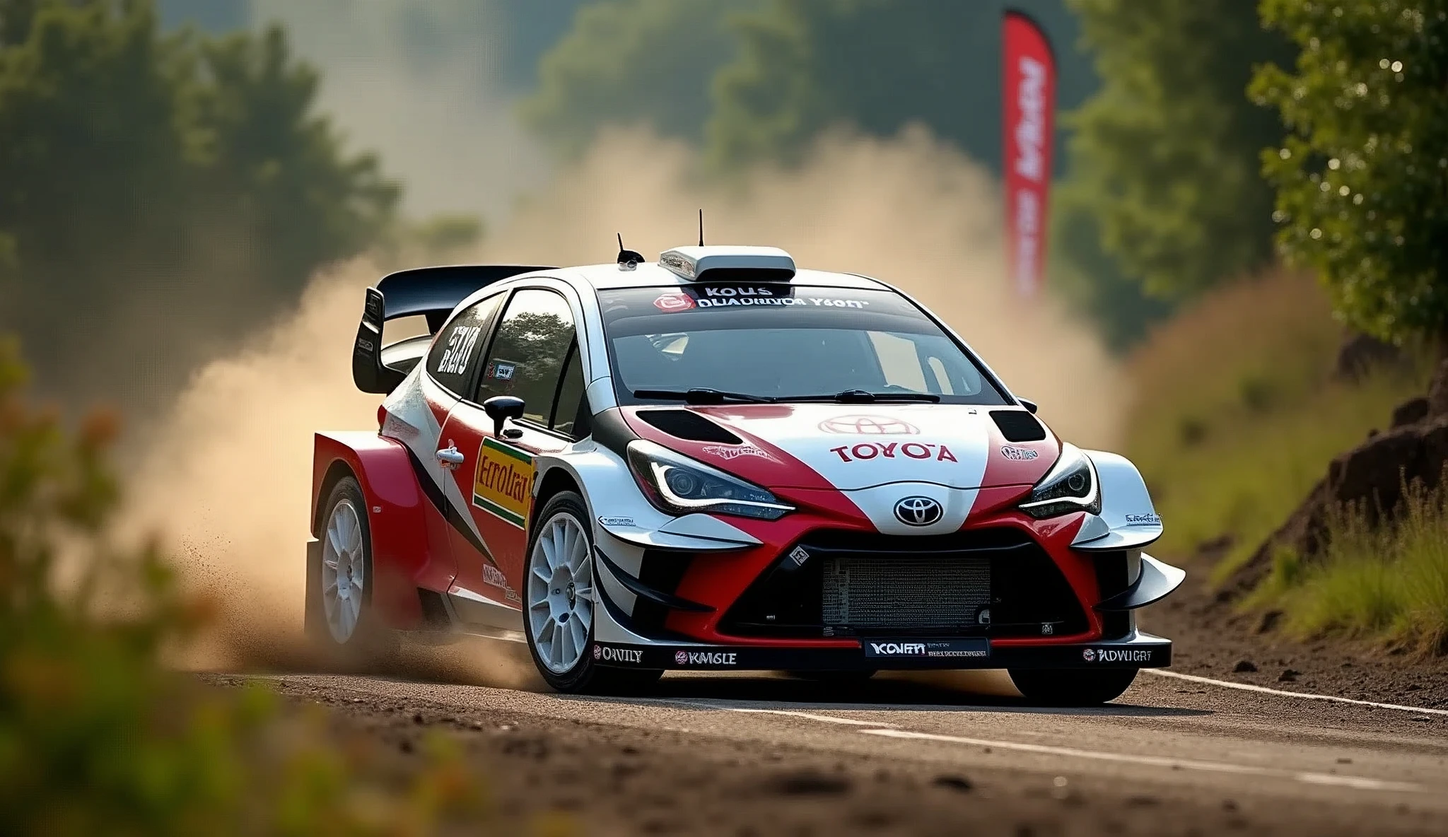 photograph,real photograph,Bokeh, Lens flare, Atmospheric perspective,Blurred Background,Toyota、gr yaris,Rally venue,Mudflaps,White wheel,World Cup、Rally Course,drift