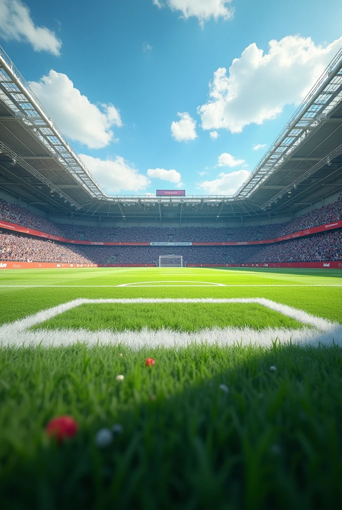 I want a stadium with stands where you can see the goal from the front, like you're about to take a penalty kick, but without any goalkeeper or ball. However, I want to see the goal close up, not far away. I want to see people in that section of the stands and it should look like a neighborhood. I want the goal closer but I want to see the entire goal without players, just the stands with the people.