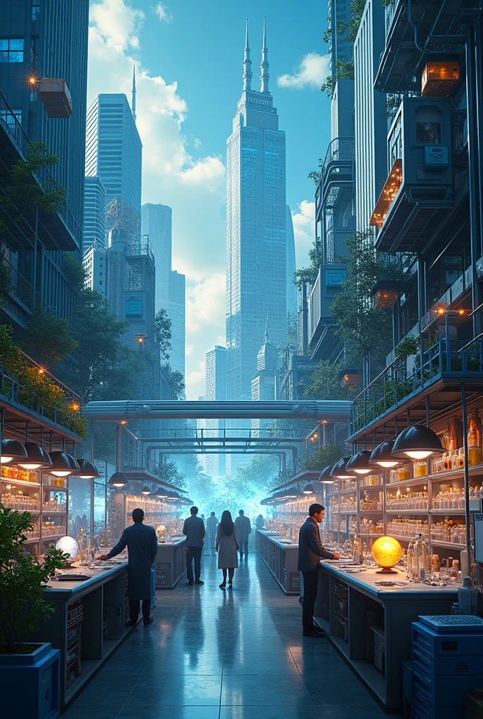 A dynamic and innovative scene showcasing Business, Technology, and Chemistry (BCG) concepts. The image features a bustling cityscape with towering skyscrapers, symbolizing the energy and progress of the business world. In the foreground, a cutting-edge laboratory is depicted, filled with state-of-the-art equipment and materials, representing the realm of science and technology. The background showcases various chemical reactions and processes, emphasizing the intricate interplay between energy and biochemistry. The overall composition exudes a sense of innovation, growth, and discovery.