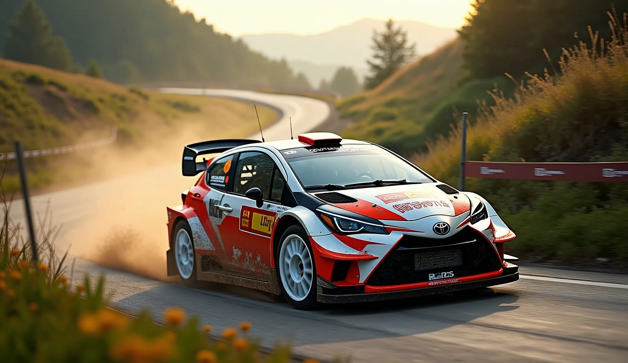 photograph,real photograph,Bokeh, Lens flare, Atmospheric perspective,Blurred Background,Toyota、gr yaris,Rally venue,Mudflaps,White wheel,World Cup、Rally Course,drift