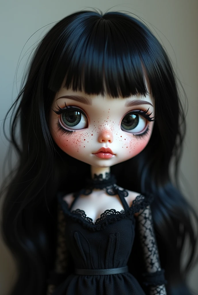 Blythe doll with long black hair, black eyes, white skin with many freckles and moles, pink lips and black gothic-style clothing