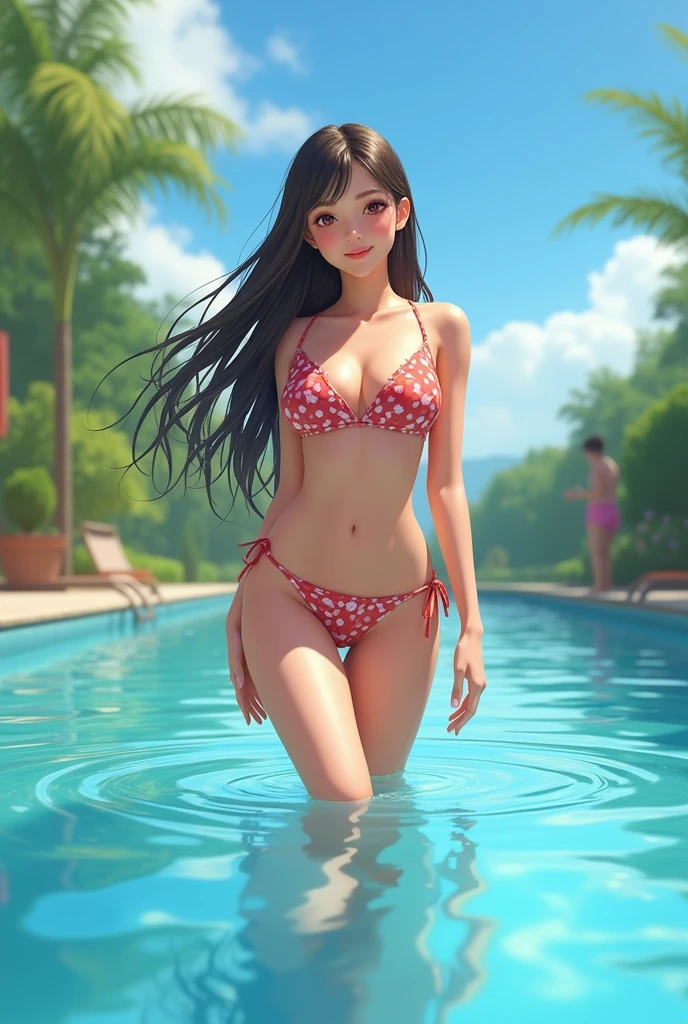 A beautiful shcool girl wearing a bikini posing in the swimming pool