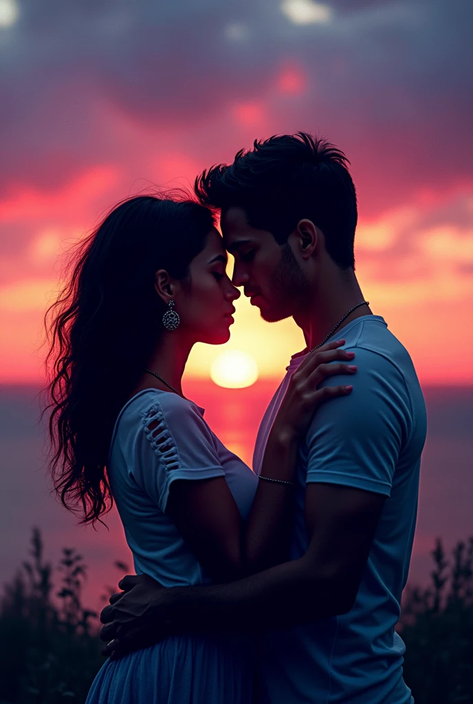 Poster image pixelated to white, negro, blue, Purple and red couple, man and woman with their heads on each other's shoulders, sitting at sunset