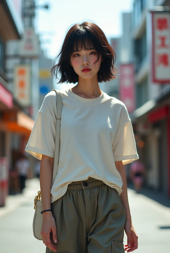 masterpiece, high quality, 4K, Beautiful design,Award-winning photo, Very detailed, ((small breasts:1.5)),wonderful, The finer details, absurdists, A girl walking down Takeshita Street in Harajuku,Very detailed woman,Pink makeup, Harajuku Girl,((Skater Fashion)),(Short length T-shirt),Loose pants style,(Skater Fashion with Headphones),Hyperrealistic paintings inspired by Yanjun Chen, instagramart, digital art,Pop Makeup Style, ig model | ArtJam,Very beautiful and cute teenage girl, Surreal Teen, A face like Ester Exposito,(A rich expression:1.5),1 girl in school uniform, standing outdoors alone, looking at the viewer, masterpiece, best quality, extremely detailed, illustration