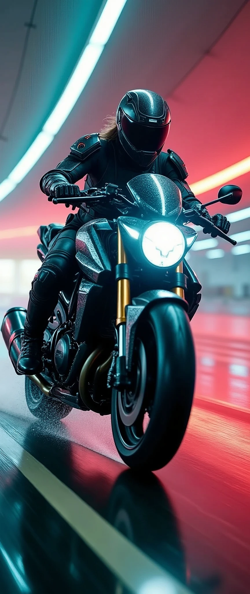 (masterpiece:1.2,Highest quality,Ultra-high resolution,Very detailed,Realistic,DSLR Canon style),8k,wallpaper,(Ray Tracing),(Future City:2.0),(sf:2.0),(cyber punk:2.0),BREAK(A woman driving a heavily armored mecha motorcycle, a futuristic SWAT unit.:2.0),(A woman wearing a SWAT team's tactical mech bodysuit:2.0),(Dynamic shot from behind the vehicle 2.0),night,(Rainbow-colored guiding lights:2.0),(The motorcycle races through the curve of the tunnel of light, leaning into the turn at high speed.:2.0),BREAK((The road is wet from the rain.)),((A motorcycle splashing through water)),(Motion Blur)