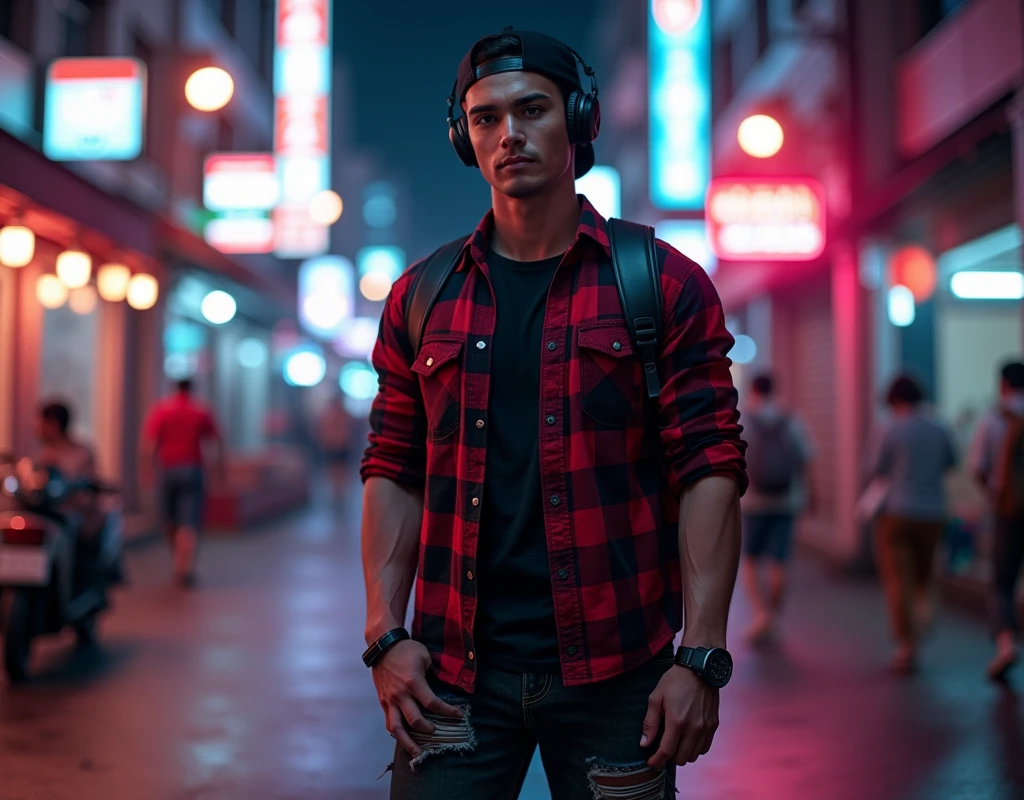 Hyper realistic, a 28 year old Indonesia man running on the neon cyberpunk street, ideal body, look straight ahead, wearing dark red flannel shirt and dark ripped jeans pants and black hiking hi-shoes with black backward trucker hat, wear dark leather backpack, wear headphone, masculine photoshoot pose, arrogant man expression, romantic, Bandung night town as background. Use soft photography lighting. top lighting. top lighting, slide lighting, high quality photos, UHD, 64k. shot with Canon EOS 5D Mark IV, cinematic portrait, Realistic face, not changing face, no mustache, Real photo, unchanging face, background change. Real Picture 8k ultra, man, gamer, hyper detailed, sharp focus, studio photo, intricate details, highly detailed, photo real, bright colors, digital graphics, unreal engine, blender art, perfect composition, octane rendering, masterpiece, sharp focus, high detail, art station, concept art, perfect composition, a model of ultra-high quality and clarity, perfect play of light and shadow, 32k UHD, hyper-detailing, complex artistic masterpiece, ((best quality)), ((masterpiece)), (detailed), perfect face