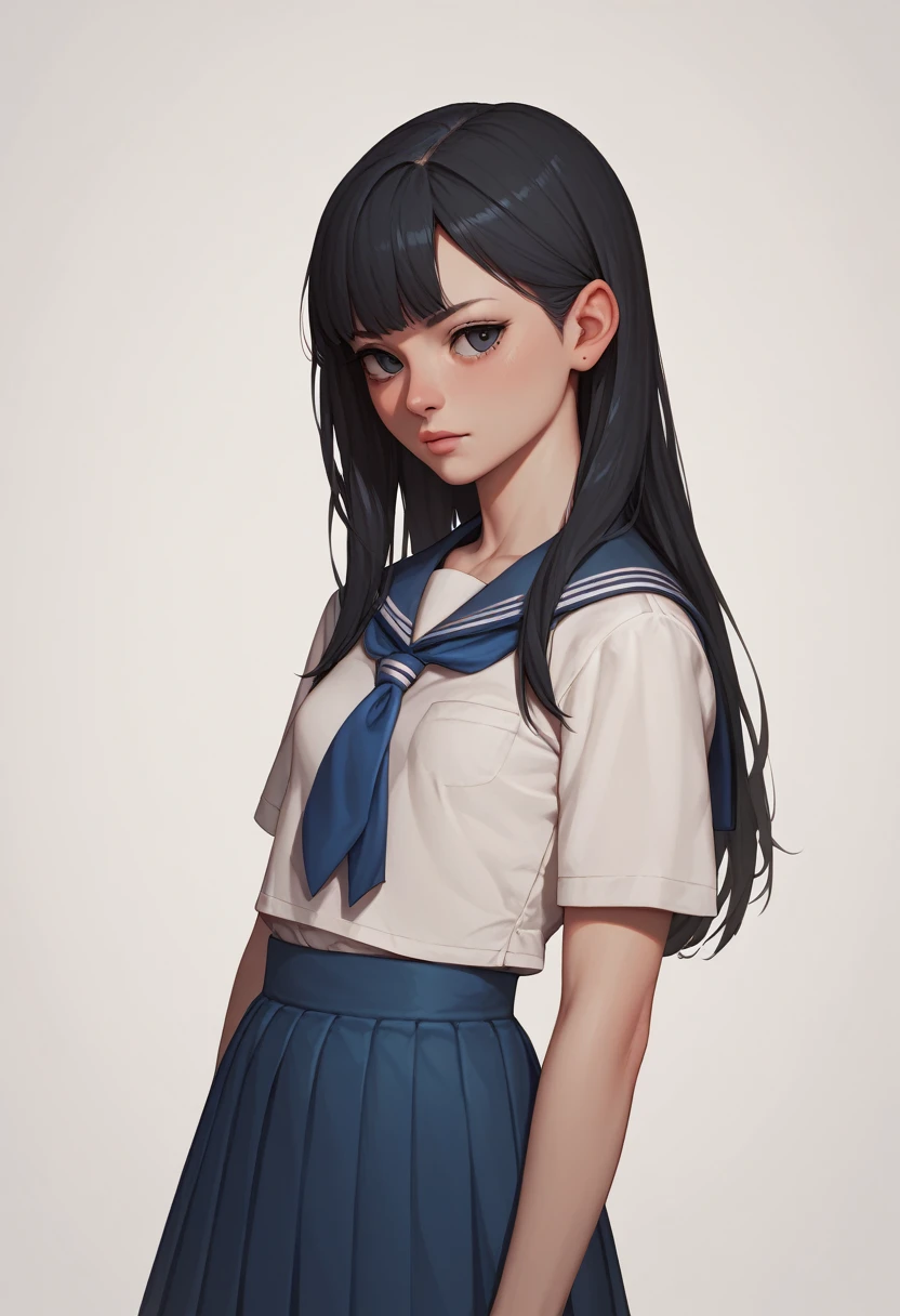 Black Hair, Black Eyes, (Blue Light From One's Eyes), 1 Girl, Long Hair Style, Masterpiece, Best Quality, Perfect Anatomy, Small Breast, School Uniform