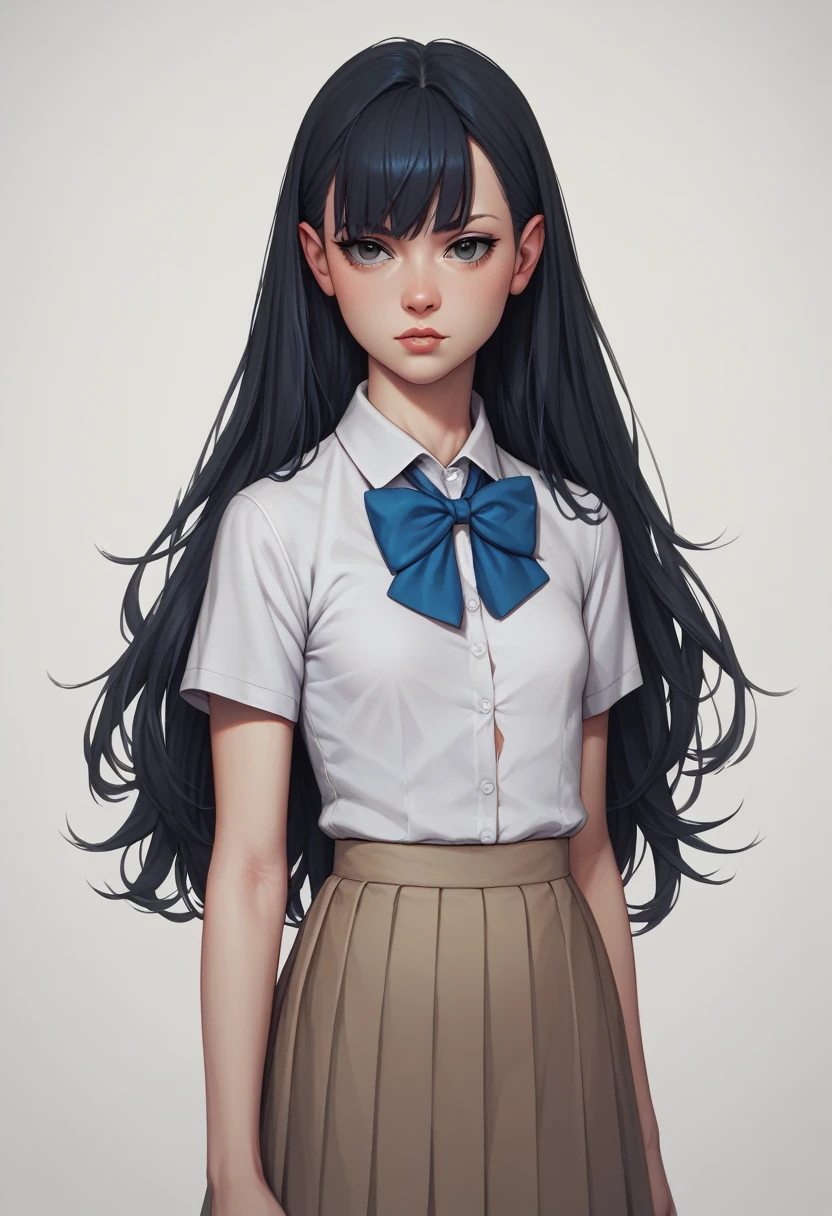 Black Hair, Black Eyes, (Blue Light From One's Eyes), 1 Girl, Long Hair Style, Masterpiece, Best Quality, Perfect Anatomy, Small Breast, School Uniform