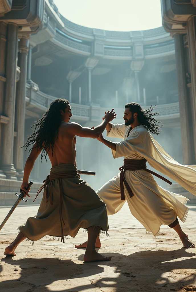 Have two men fighting in a futuristic coliseum, one name is tall with black samurai-style hair wearing medieval-style villager clothes , one black and the other with long samurai-style hair, in a white robe
