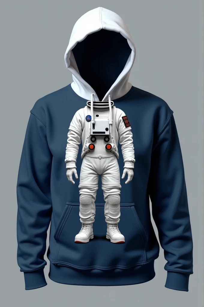 I want a kids' hoodie, where the color of the hoodie is dark blue and the color of the hood is white, in addition to that it has the body of a headless astronaut printed on it, that starts from the top of the sweatshirt, and where it simulates that the hood is the astronaut's helmet