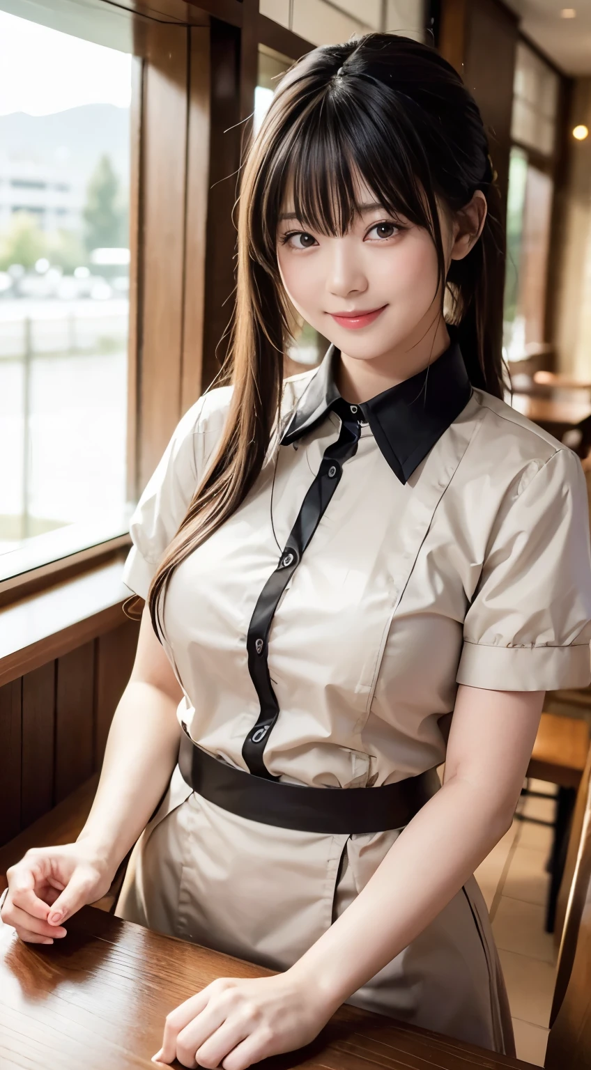 (Highest quality,masterpiece:1.3,Ultra-high resolution,),(Very detailed,Caustics),(Realistic:1.4,RAW shooting,)Ultra-Realistic Capture,Very detailed,High resolution 16K human skin closeup。 Natural skin texture、,pores、、、、It must be detailed enough to be easily identifiable。 Skin tone is even and healthy looking。 Use natural light and color,restaurant,Waitress Uniform,1 person,Japanese,18-year-old,cute,Black-haired,ponytail,Big Breasts,smile,Turn your body forward,(Front view:1.1),Looking into the camera,Cowboy Shot,