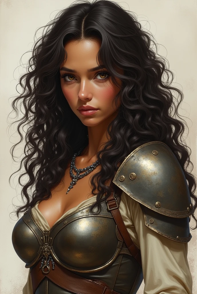 Make a fantasy style drawing of an innocent and delicate woman , olive skin color, very curly 3B hair, full and long, brown eyes with war clothes