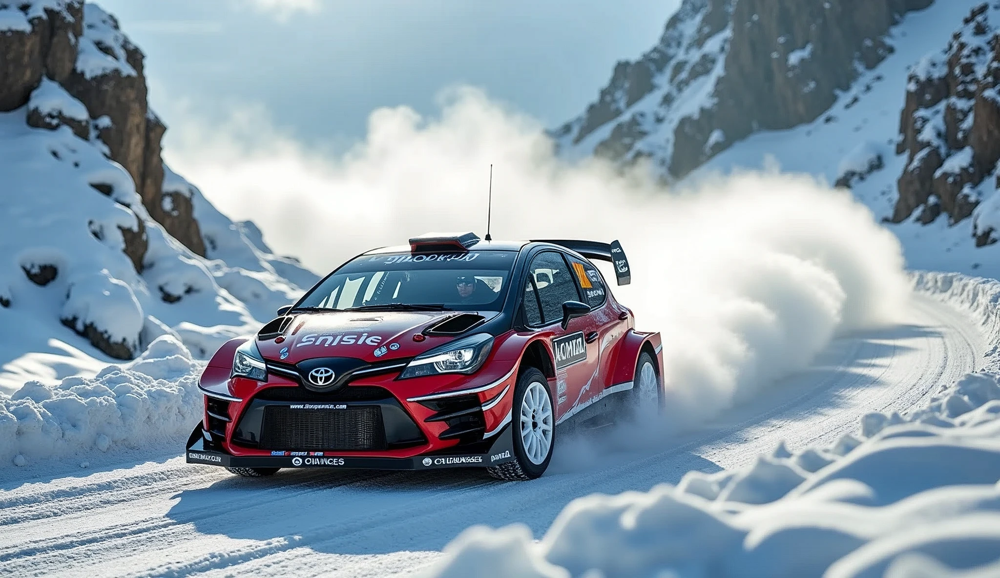 photograph,real photograph,Bokeh, Lens flare, Atmospheric perspective,Blurred Background,Toyota、gr yaris,Rally venue,Mudflaps,White wheel,World Cup、Rally Course,drift,snow Road,Snow Mountain,Light production
