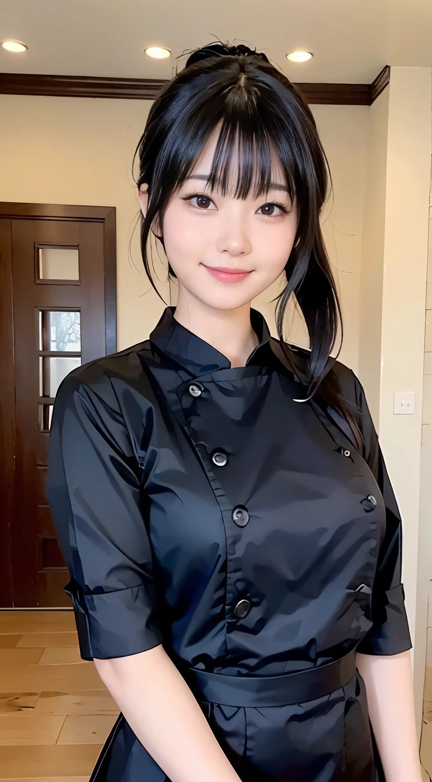 (Highest quality,masterpiece:1.3,Ultra-high resolution,),(Very detailed,Caustics),(Realistic:1.4,RAW shooting,)Ultra-Realistic Capture,Very detailed,High resolution 16K human skin closeup。 Natural skin texture、,pores、、、、It must be detailed enough to be easily identifiable。 Skin tone is even and healthy looking。 Use natural light and color,restaurant,Waitress Uniform,1 person,Japanese,18-year-old,cute,Black-haired,ponytail,Big Breasts,smile,Turn your body forward,(Front view:1.1),Looking into the camera,Cowboy Shot,