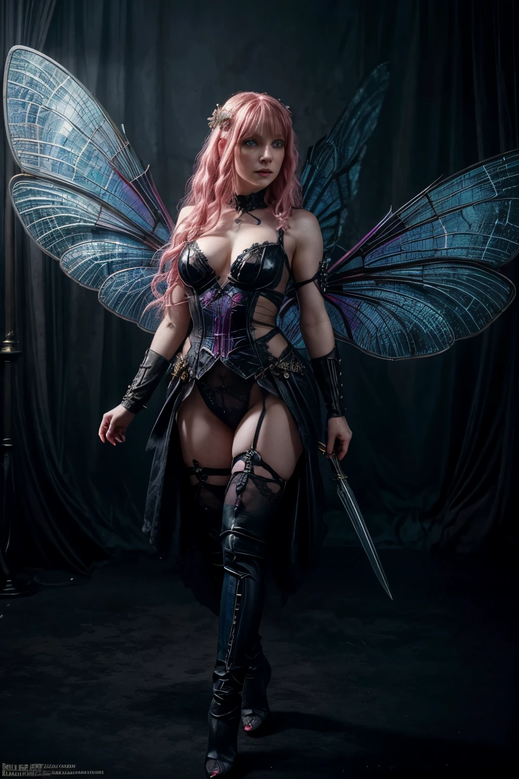 A fairy with curly pink hair, pale skin tone, blue eyes, in a BDSM outfit, dark fantasy character design, Epic exquisite character art, dark fantasy art, with the appearance of Freya Allan, dark fairy full view, amazing character of art. Dragonfly wings, 