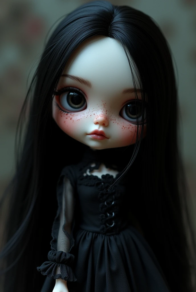 Blythe doll with long black hair, black eyes, white skin with many freckles and moles, pink lips and black gothic-style clothing 
