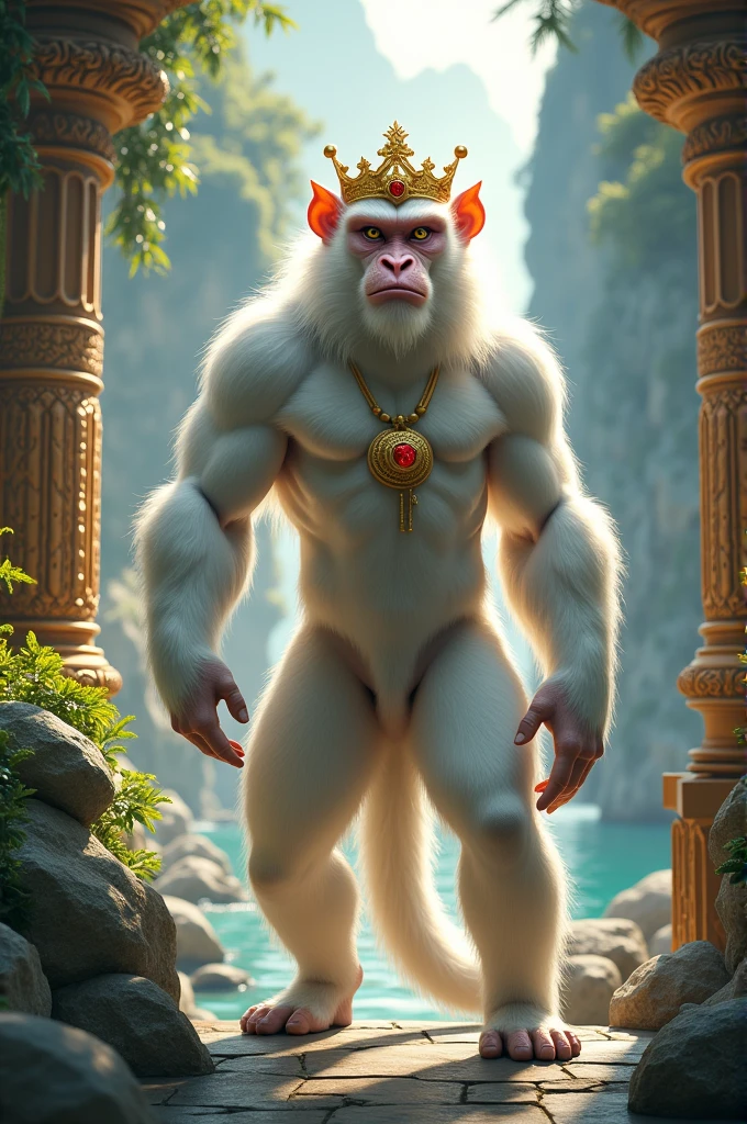 White monkey king with a golden crown, sturdy body, beside him there is a symbol of the 4 elements, on the background of an archipelago temple