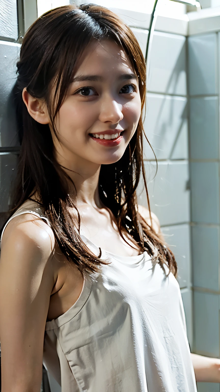 (8k、RAW Photos、Highest quality、masterpiece:1.2)、((shower、showerを浴びる、Bubble、Soaking wet、skinny、Very flat chest:1.3))、((naked、Nipples、pubic hair、smile、Light Brown Hair:1.2))、(Realistic、Realistic)、1 person、(sunlight、shower室、Tied Hair)