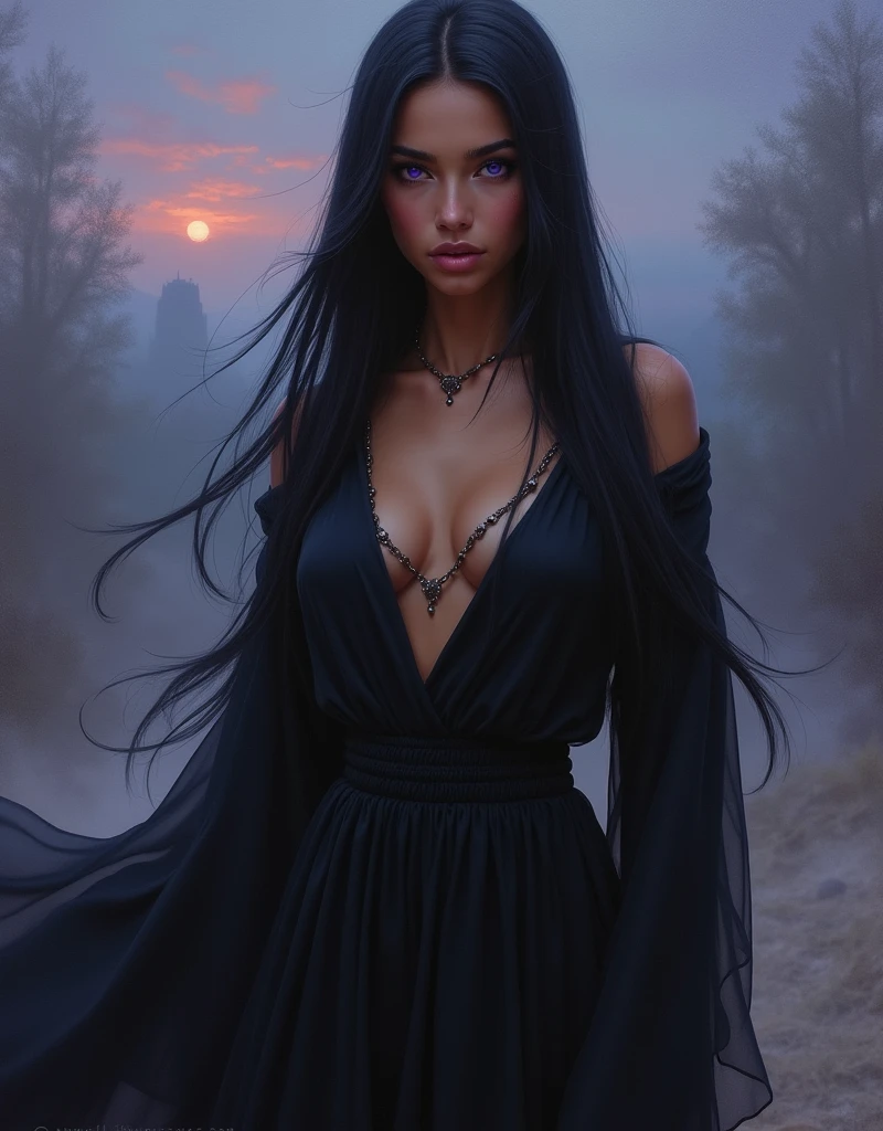 hazy dnd rpg style full body high detail fantasy portrait oil painting illustration of a mysterious quiet powerful rude young beautiful mean looking away quiet mystery beautiful arab exotic light brown skinned woman face, in a beautiful twilight scenic background, violet feline eyes, sharp nose, sharp face structure, straight extremely pin straight long black ebony hair, acotar fae , high quality, sombre mood, muted colours, entire person visible! , dainty face dreamy ethereal silk black dress big breasts mysterious