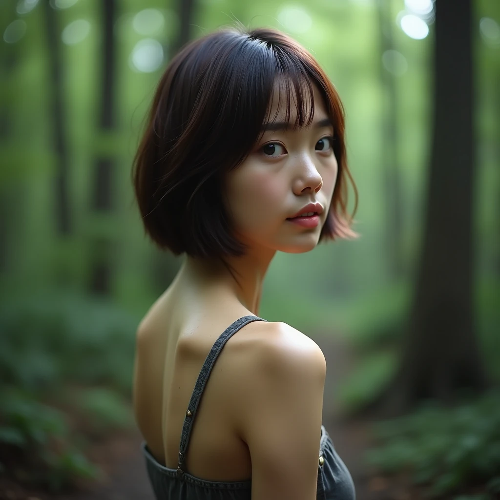 Highest quality, masterpiece, Ultra-high resolution, full body, Standing in forest, Fine grain, short hair, Brown color hair,Neked,The face is tilted, Beautiful Face, japanese women, Age 25, rainy, backlight