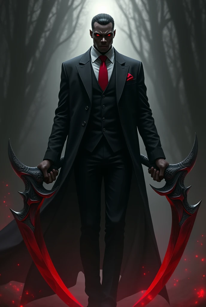 Create a black male character in a black suit and red tie, with red eyes and two scythes