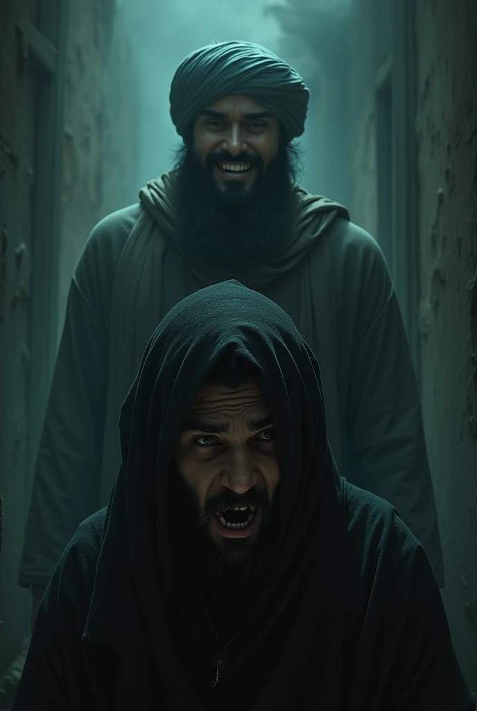 Sajjad's frightened state and frame's eye movement and the face of the smiling man with beard and turban in it
For horror story
