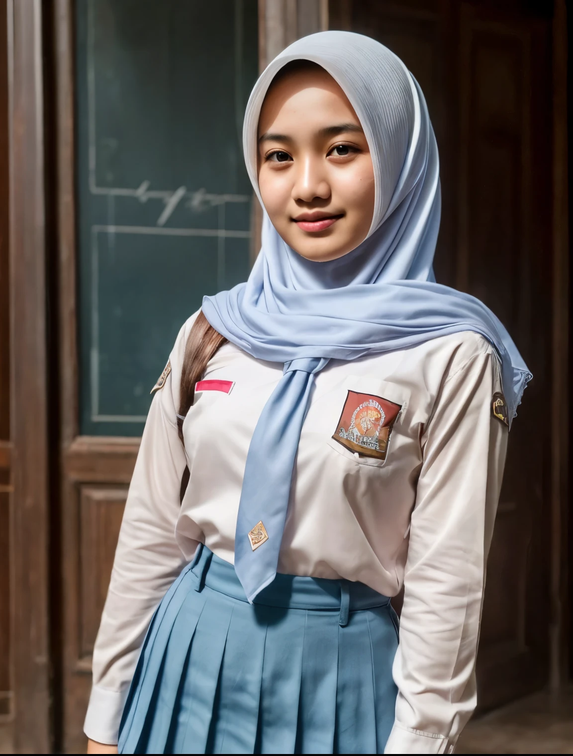 beautiful Indonesian High school girl , (white hijab), young, seragamsmahijab, school, full body ,realistic, photorealistic, photo-realistic:1.37, (best quality,8k,highres,masterpiece:1.2),ultra-detailed,HDR,UHD,studio lighting,extreme detail description,professional,vivid colors