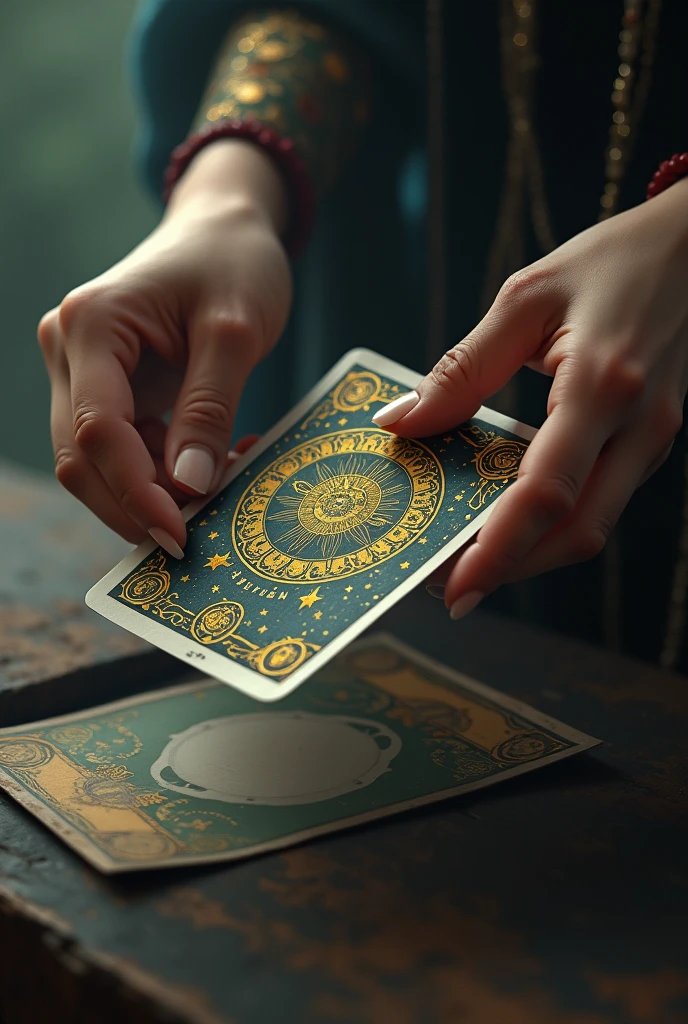 A woman's hand taking a tarot card, The World 