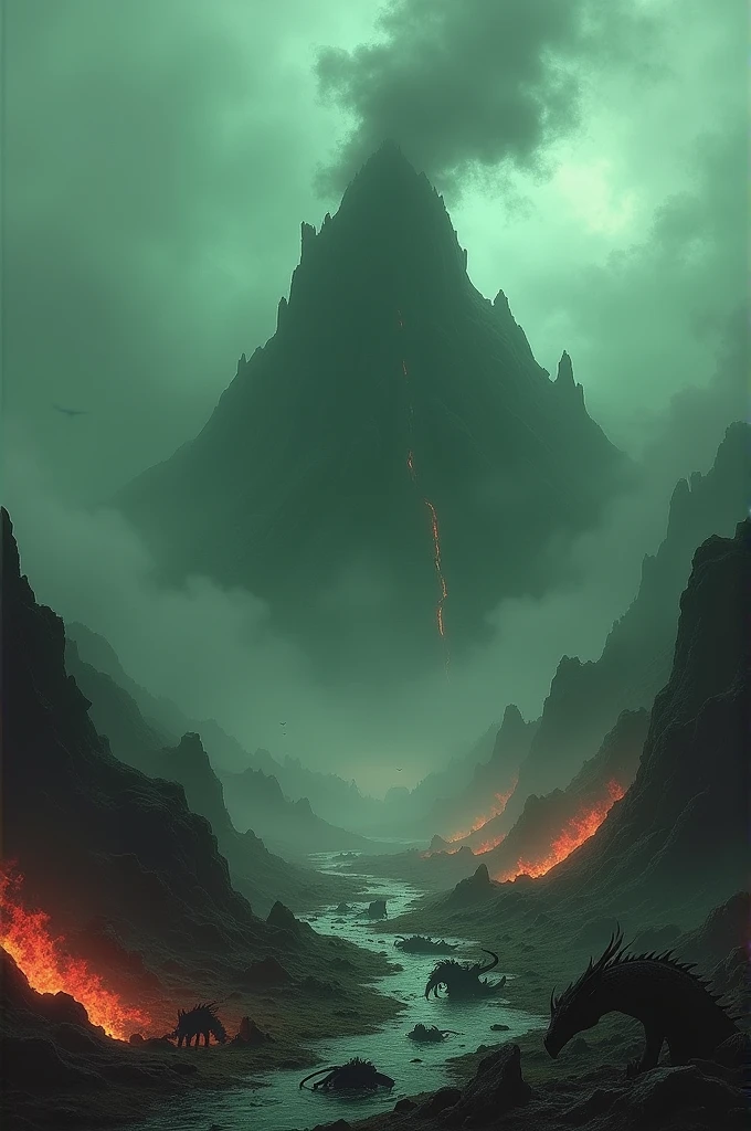 make a terrifying area, dark like a deserted green smoking mountain full of black dragons that will kill anyone who enters there. For the dragon's detail, it has red and black whiskers. the area is also foggy like on the cliffs and mountains and there is a river containing toxins flowing nearby . there are skeletal bones around the area, there is also fire spreading on the ground