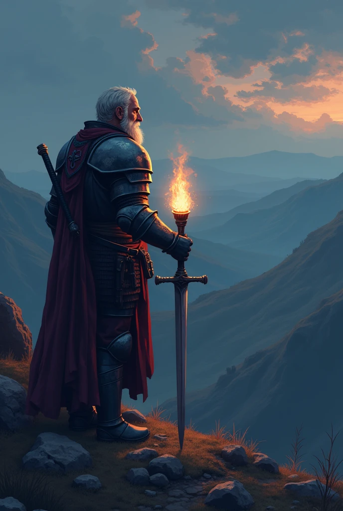 Create an image of a man wearing medieval armor on a hill, with his sword on his back and holding a torch at night, admiring the view of other hills in a pixelated and dark fantasy style.