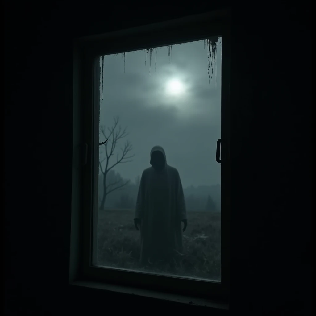 Create a chilling image of a window set in a completely black wall, where only the window frame and the scene beyond are visible. It's a cold, oppressive night, and the air feels heavy with an unsettling presence. Through the window, the dark exterior reveals a desolate, eerie landscape shrouded in dense fog. The faint glow of the moon barely pierces the thick clouds, casting a pale, ghostly light that illuminates the silhouette of a specter standing just outside. The spectral figure is faintly visible, almost blending into the night, but its form is unmistakably haunting, with long, shadowy limbs and a distorted, ethereal shape. The window glass appears slightly frosted, adding to the coldness of the scene, while subtle streaks of condensation trickle down, hinting at the freezing temperatures outside. The overall atmosphere is one of intense dread, as if the very darkness is alive, watching and waiting with a malevolent intent. The stark contrast between the pitch-black wall and the ghostly scene outside amplifies the terror, making the window feel like a portal to something far more sinister.