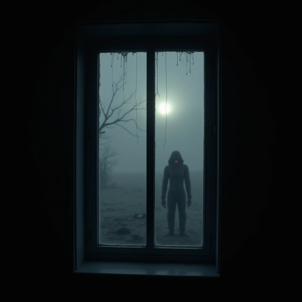 Create a chilling image of a window set in a completely black wall, where only the window frame and the scene beyond are visible. It's a cold, oppressive night, and the air feels heavy with an unsettling presence. Through the window, the dark exterior reveals a desolate, eerie landscape shrouded in dense fog. The faint glow of the moon barely pierces the thick clouds, casting a pale, ghostly light that illuminates the silhouette of a specter standing just outside. The spectral figure is faintly visible, almost blending into the night, but its form is unmistakably haunting, with long, shadowy limbs and a distorted, ethereal shape. The window glass appears slightly frosted, adding to the coldness of the scene, while subtle streaks of condensation trickle down, hinting at the freezing temperatures outside. The overall atmosphere is one of intense dread, as if the very darkness is alive, watching and waiting with a malevolent intent. The stark contrast between the pitch-black wall and the ghostly scene outside amplifies the terror, making the window feel like a portal to something far more sinister.
