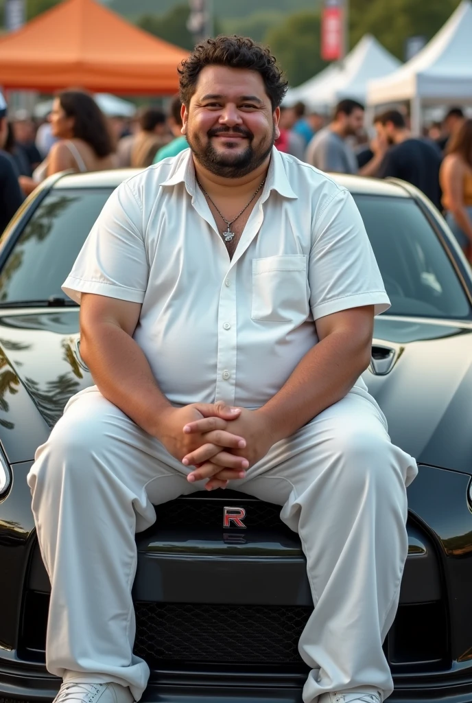 (photorealism:1.2), man, curly short hair, chubby, trouser pant white, white shirt, wide legs, sitting at front hood, nissan r35, car show, whole body, model, relax pose, realistic, intricate details, warm colors, realistic, ultra realistic, 4k picture, textured skin,