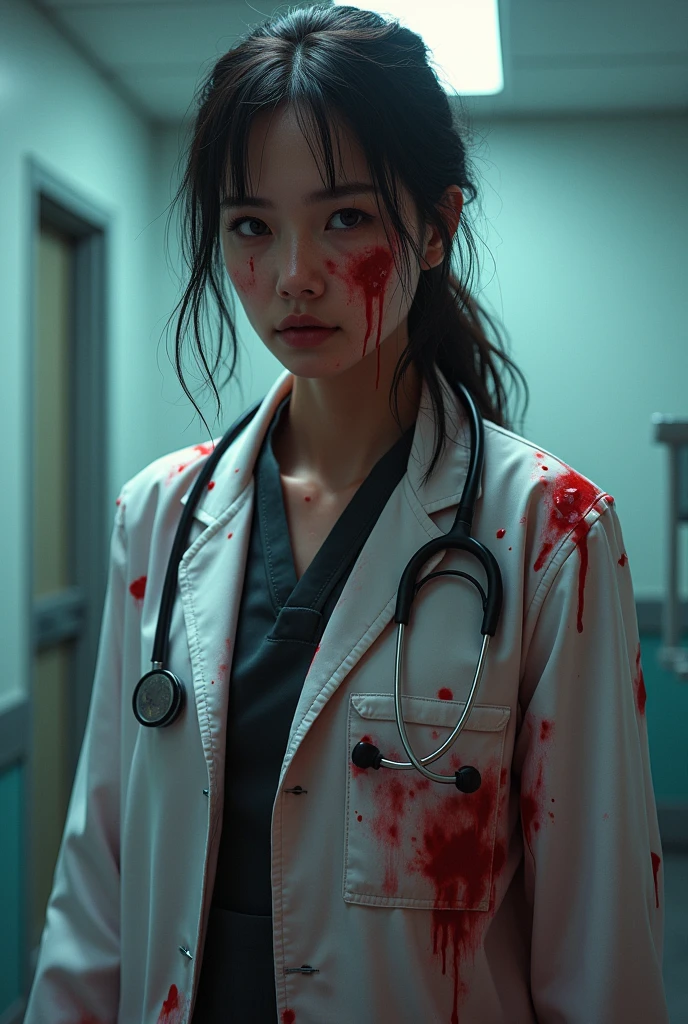Female doctor Doctor blood own her clothes and scared