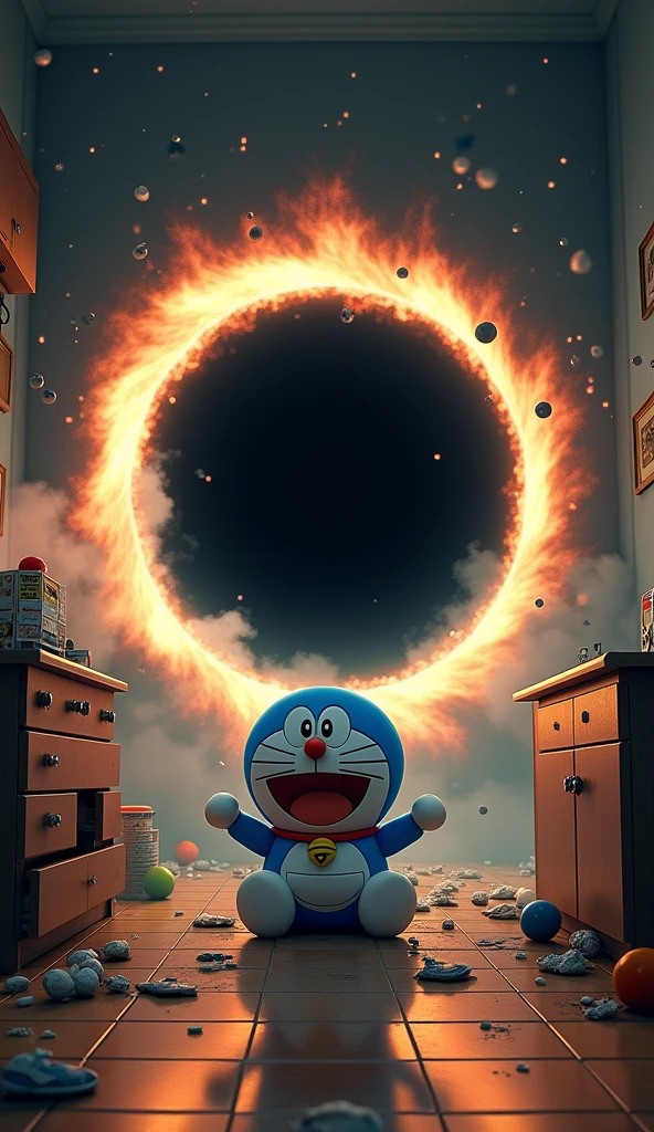 Doraemon sitting in the room  , Next to it is a blue black hole, Objects in the house were blown away, Doraemon's face is horrified as he gets sucked into the black hole.
3D image, sharp in every detail. 