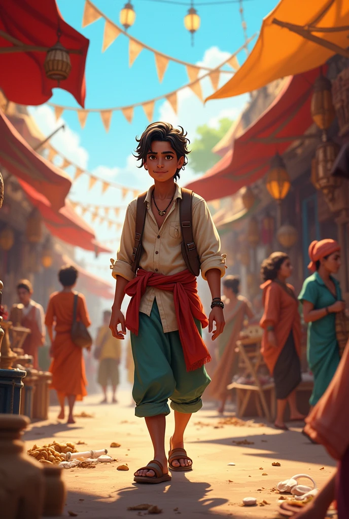 Create a lively scene of the village fair, filled with various stalls, colorful decorations, and the bustling crowd where Arjun sees an opportunity.