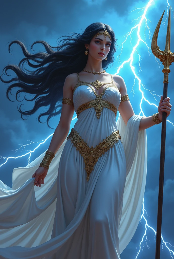 Goddess Athena with a trident in hand, black hair, blue eyes, with lightning bolts in the sky and radiating a splendor