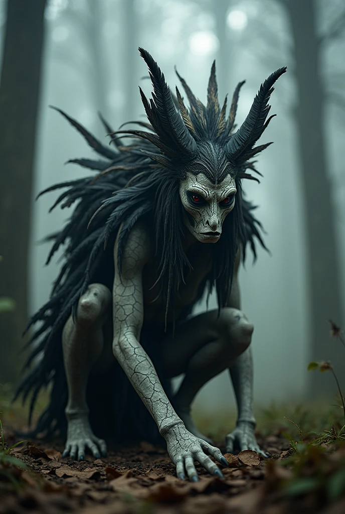 Generate a highly detailed and atmospheric scene of a mystical forest creature crouching in a misty woodland setting. The creature has an otherworldly appearance, with intricate body paint resembling cracked earth, and wears elaborate feathered adornments, including a headdress made of dark and light feathers. The creature's face is partially masked, with sharp, angular features and intense, almost haunting eyes. The environment around is dense with fog, with tall trees and a moody, ethereal ambiance, emphasizing the creature's connection to the mystical forest.