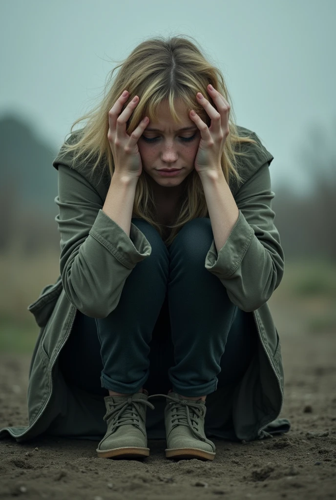 White girl, blonde, crouched on the ground with ears covered, terrible clothes crying.