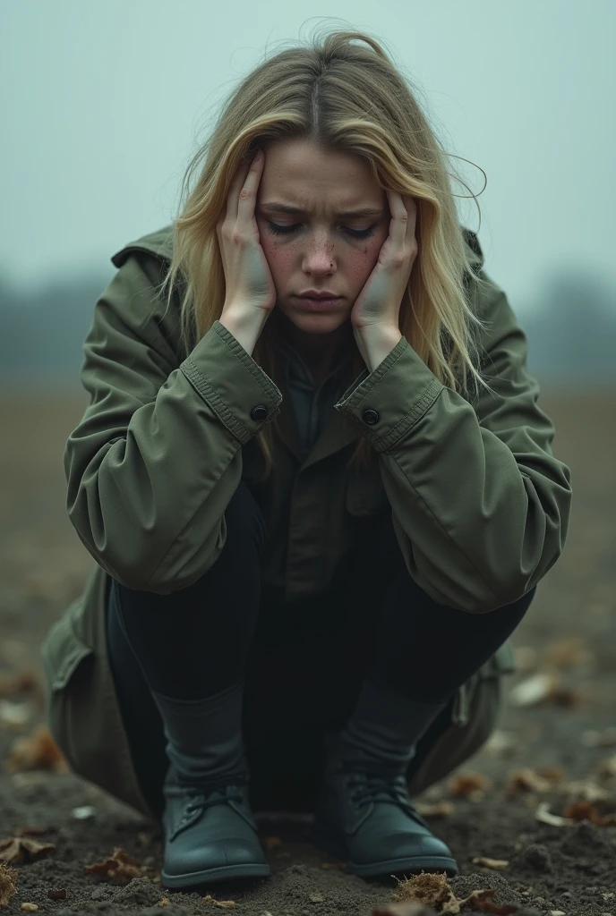 White girl, blonde, crouched on the ground with ears covered, terrible clothes crying.