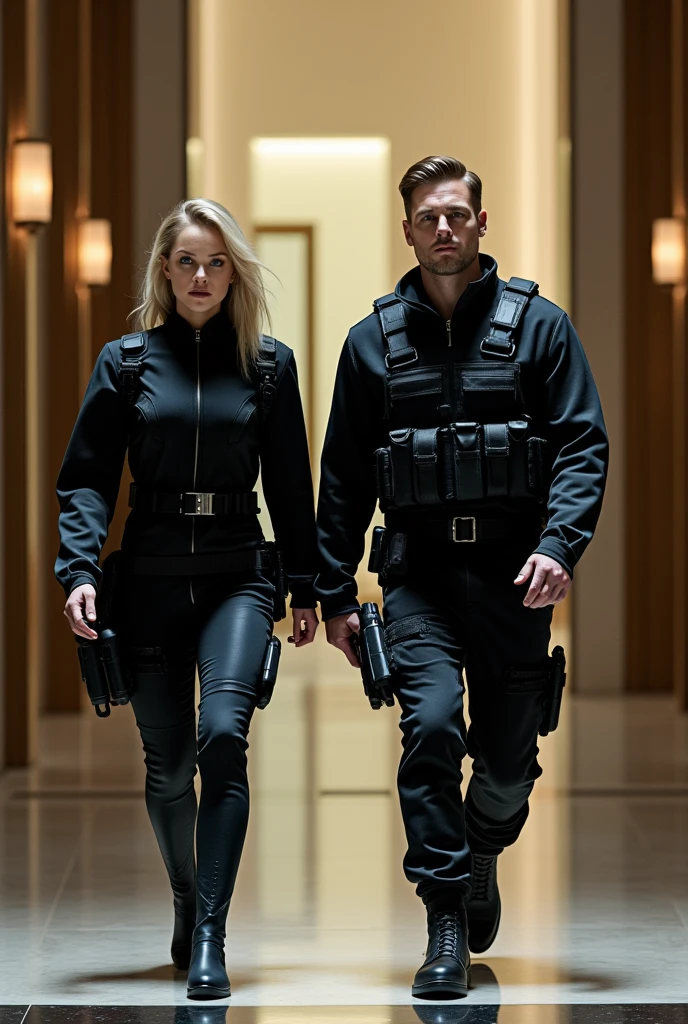 Create the image of a 22 year old blonde girl, blue eyes, clear skin, thick lips, slim, dressed in a well-equipped black combat suit and a weapon, Together with her, she creates a 31-year-old boy, clear skin, eyes the color of honey, Brown hair, muscular, dressed in a well-equipped black combat suit and a weapon
Create them making a spectacular entrance to an important place
