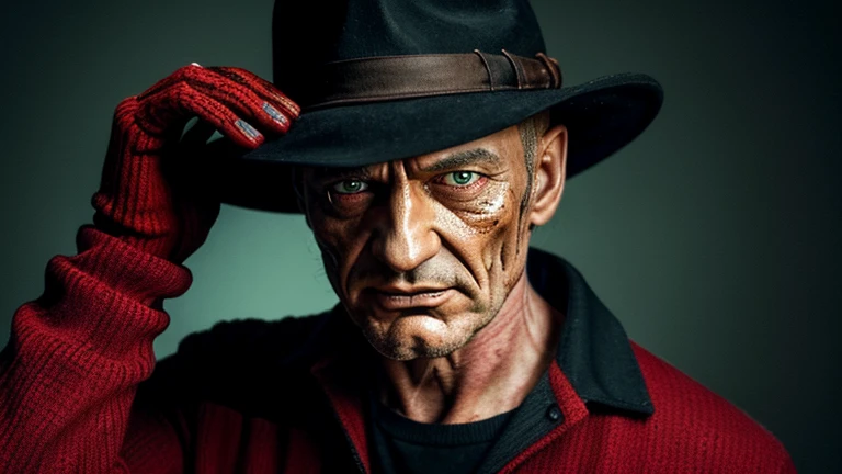 hyper-realistic, ultra high definition portrait of Freddy Krueger. Prioritize his scarred and burned face with detailed textures, his iconic fedora, striped red-and-green sweater, and his bladed glove. The image must have a realistic appearance, with a dark, eerie background that complements his menacing presence, 16:9, 