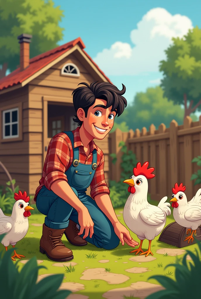 Create a 25 year old white guy, with black hair, strong social and taking care of his chicken coop in cartoon