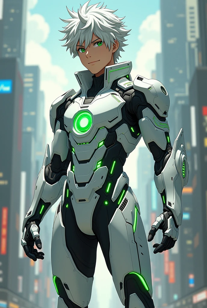 Izuku Midoriya with white hair and green eyes wearing a white green Neno Iron Man suit.