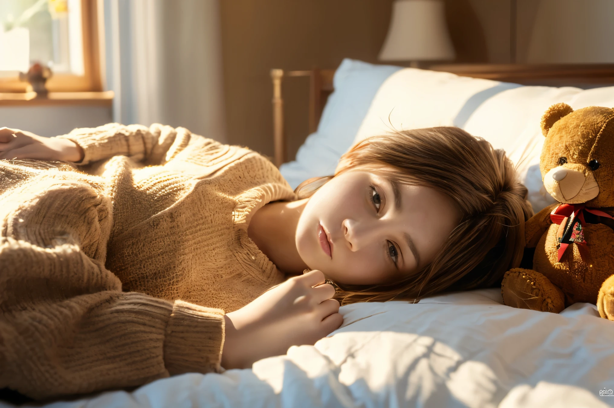 (detailed), perfect face, ((Best quality, 8k, Masterpiece: 1.3)), Highly detailed face and skin texture, Detailed eyes, brown hair, Bed, Still sleepy, looking up, full body, adult woman, just woke up, Morning sunlight pours in through the window, Teddy bear, sleeping with a teddy bear, Composition looking down from above