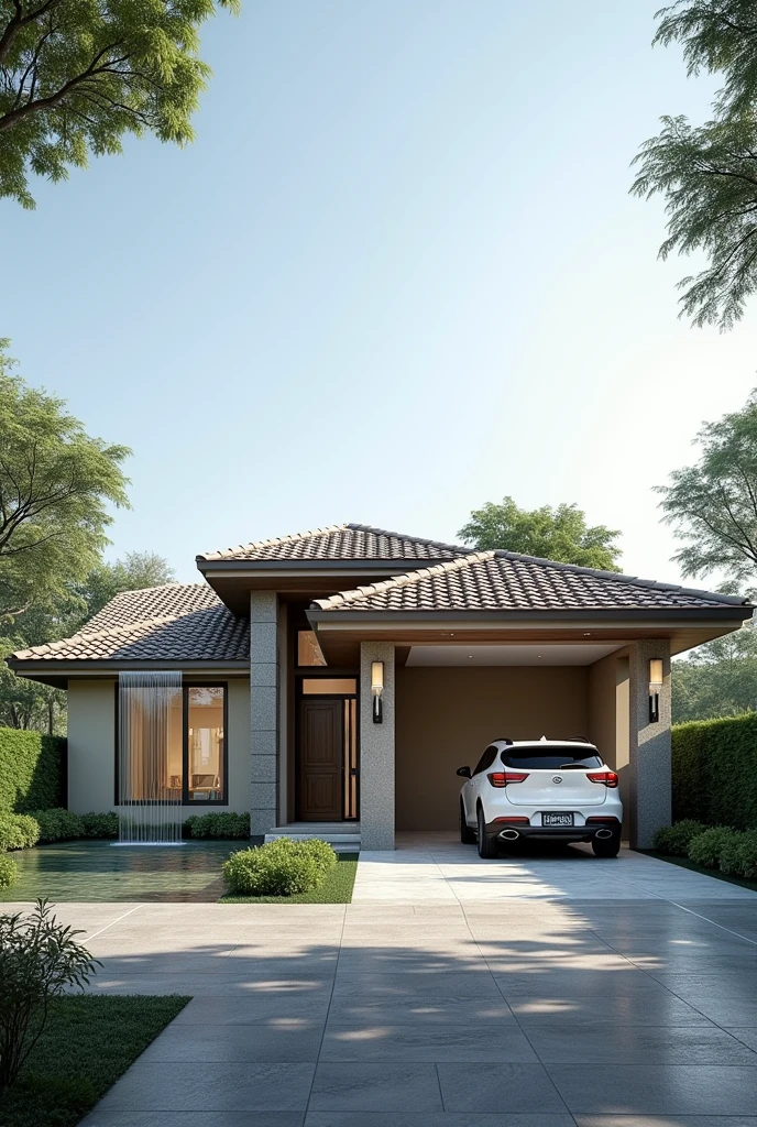 House project with colonial tiles with water fall to the front Left side with the ground floor living room and right side with,the garage with pillars and a room above
A more modern house and it's only the first floor above the garage, the rest is on the ground floor
In the garage there are only pillars in an open space with the room above, the stairs coming from the living room
Swap the cars and on the right side all ground floor 