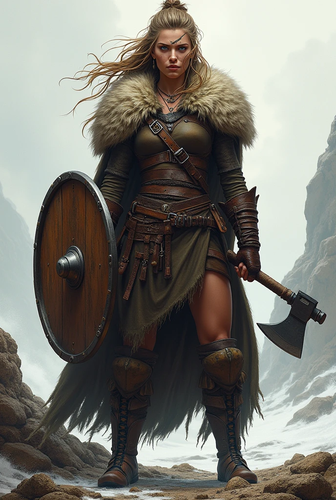 Drawing of a female viking warrior with strong body and scar on left eye, wearing leather armor and a fur cape over the shoulders, holding a round wooden shield and a viking axe