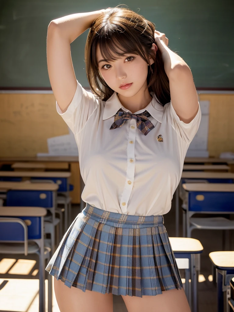 masterpiece,Highest quality,1 girl,Cowboy Shot,Front view,Young and cute Japanese,A small smile,lunch break,((High school classroom:1.5)),Schoolgirl uniform,Summer clothes,wear,wear a super super short blue plaid pleated micro mini skirt,No underwear,Very cute face,Glossy Lips,Big eyes,Brown eyes,Double eyelids on both eyes,(Natural Makeup),Shiny, smooth, long light brown hair,Asymmetrical bangs,Center image,8k resolution,Attention to detail,Detailed hairstyle,Detailed face,Cinema Lighting,Octane Rendering,Ultra-realistic,Perfect limbs,Beautiful legs,Voluptuous thighs,Huge breasts,(Glowing Skin,Sweaty:1.3)Perfect Anatomy,Spread your legs,((Provocative dynamic pose:1.5)),Skirt flip