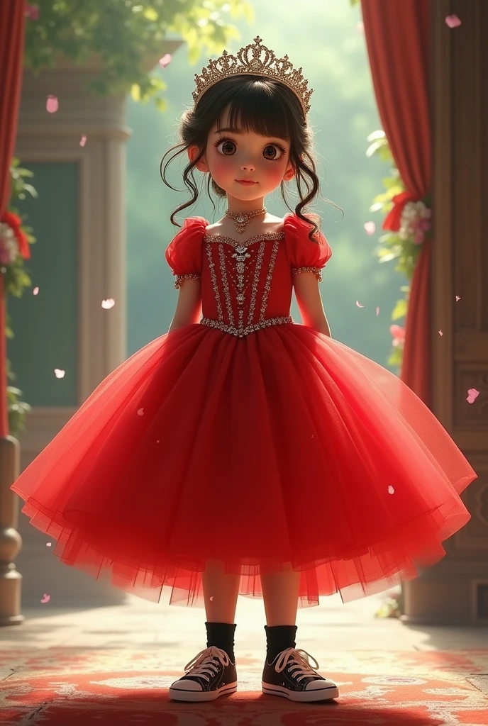 Girl wearing red princess dress, tiara, black socks and black sneakers
