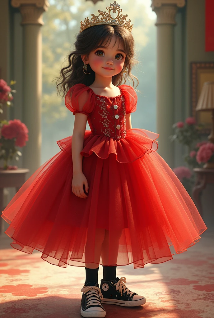 Girl wearing red princess dress, tiara, black socks and black sneakers